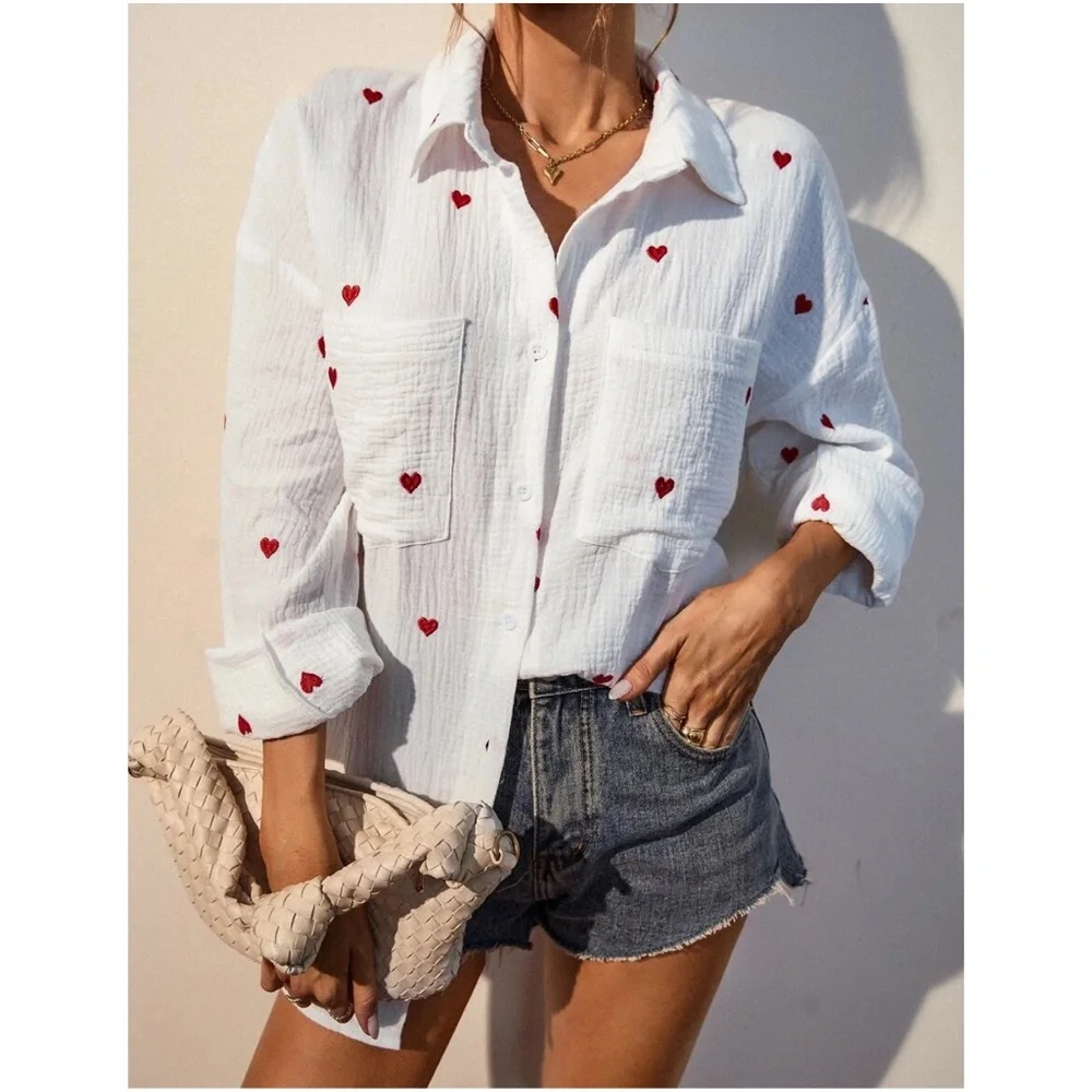 019 Cozy White Hearts Button Down Oversized Shirt - Picture 5 of 9